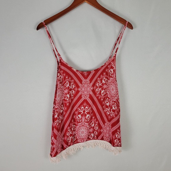 Rue 21 Womens Blouse Large Top Red Crochet Hem Sleeveless Spaghetti Strap Shirt - Picture 2 of 8